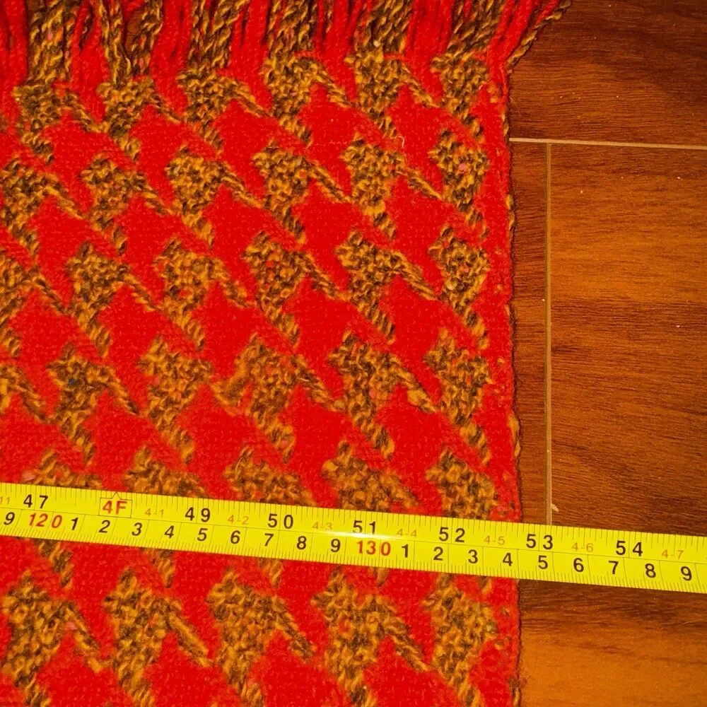 Vintage 60s 70s Pendleton Wool Houndstooth Fringed Throw Blanket Orange 53 x 62